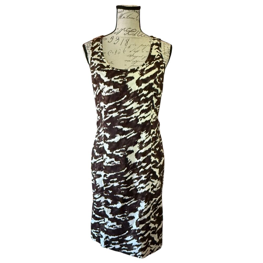 Michael Kors Brown Off White Abstract Animal Print Sleeveless Sheath Dress 8
